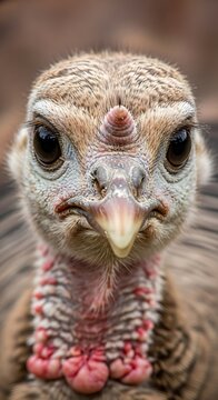 Close-up of a young turkey's face, showing its curious eyes and textured wattle