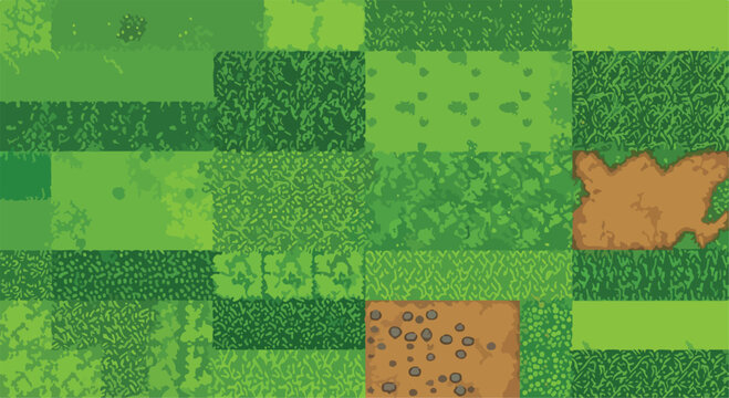 Pixel art grass textures, green meadow landscape tiles for game design, 8-bit nature environment background, seamless terrain eps
