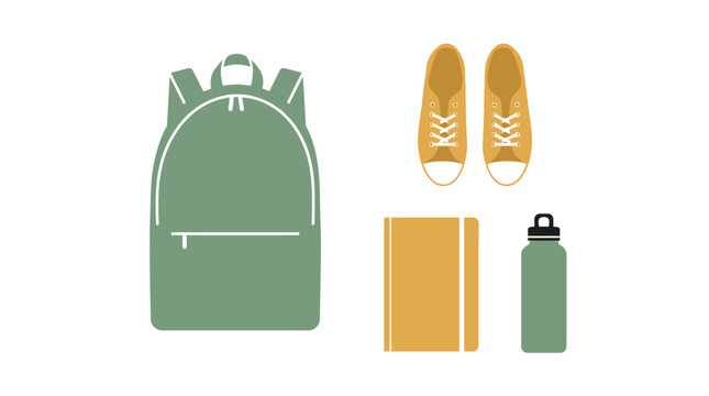 Set of travel or school accessories including backpack sneakers notebook and water bottle.