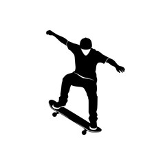Fototapeta premium Silhouette of a skateboarder performing a jump trick on a skateboard isolated on white