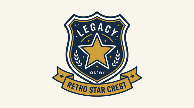 Retro star crest logo design featuring a blue shield with a golden star and decorative elements