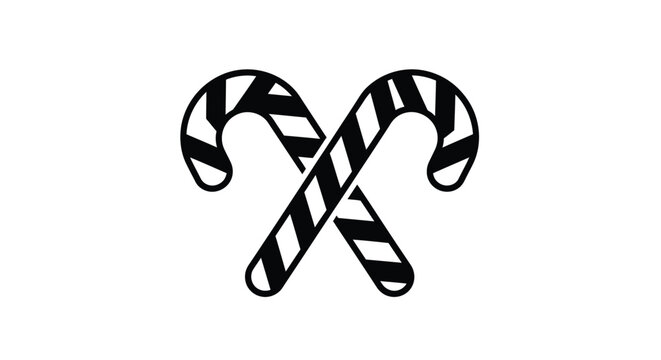 Minimalist vector graphic illustration showcasing two crossed candy canes featuring bold black and white stripes for seasonal holiday decoration projects and festive winter design concepts today