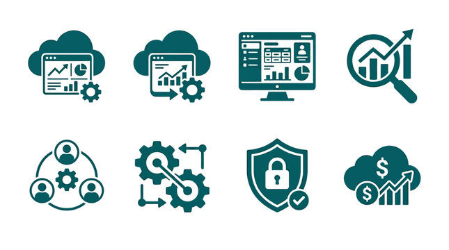 Collection of digital icons representing data analysis, cloud computing, and security features