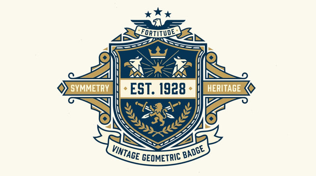 Vintage geometric badge design featuring a shield with symbols of fortitude and heritage, established in 1928