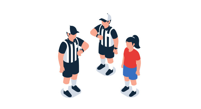 Isometric Illustration of Three People in Referee Uniforms Checking Time.