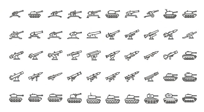 Collection of various military vehicles and artillery weapons in a line art style.