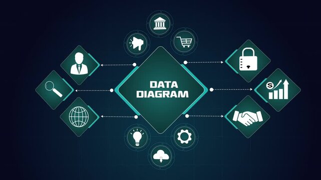 Data diagram visualization. Digital information mapping system. Professional business logic structure. Modern tech process infographic. Smart corporate data organization.