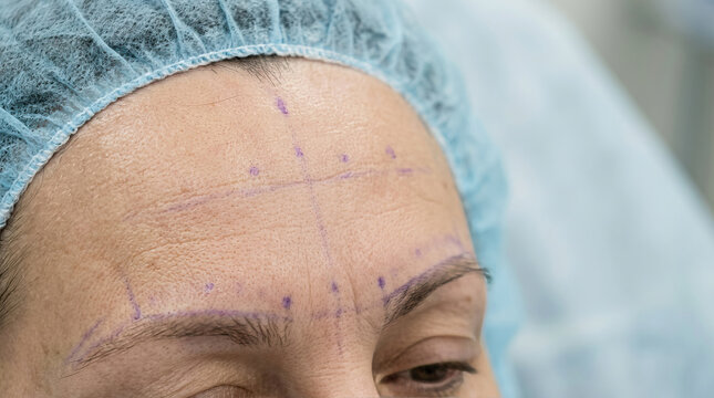 Preoperative marking on forehead skin with purple surgical pen preparing for cosmetic procedure showing detailed lines and dots on aged skin under blue surgical cap in medical setting