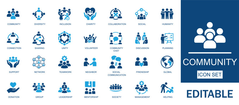 Community and social diversity icon set. Includes volunteer work, charity donation, support, trust, unity, and human inclusion elements. Solid  vector design collection.