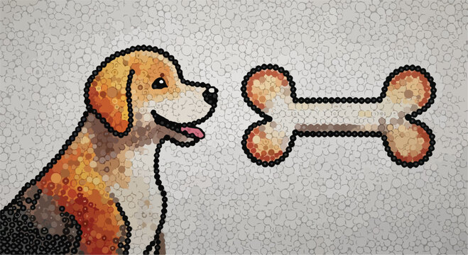 Mosaic dog illustration with bone, pixelated beagle puppy profile, textured pet art vector, cute animal character for veterinary and pet shop branding