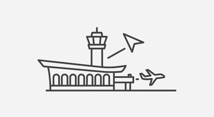 Fototapeta premium Airport Icon: Airplane Taking Off, Control Tower, Travel Symbol