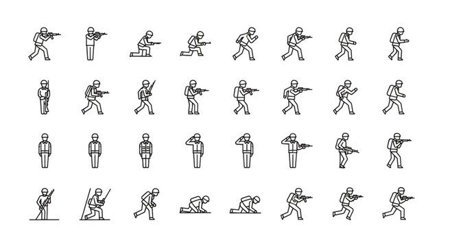 Collection of various soldier illustrations in different action poses for design.