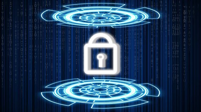 Glowing white padlock icon between two blue holographic rings over dark binary code background, representing digital security and data protection.