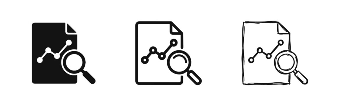Data research and financial document analysis icon with graph and magnifying glass