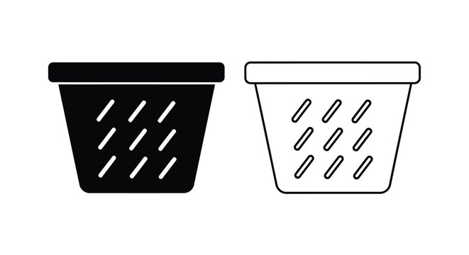 Set of two laundry basket icons depicted as a solid black graphic and a clean outline vector design for household chores and clothing storage project work