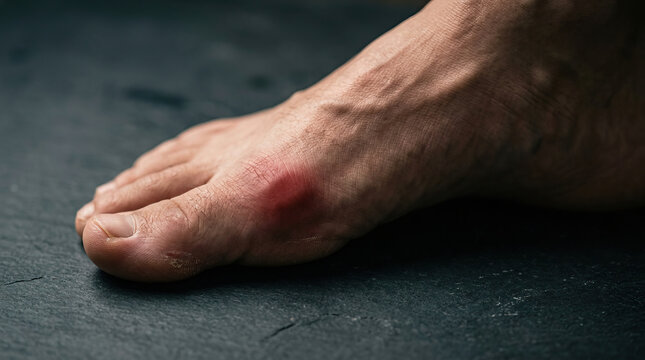 Gout painful inflammation foot toe skin redness swelling male close up health disease medical arthritis joint ache discomfort adult human anatomy podiatry care injury symptom treatment illness
