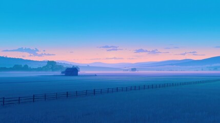 Fototapeta premium Soft dawn mist drifts over tranquil fields