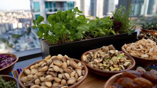 Multicultural group celebrating weight loss maintenance milestone with Nowruz traditional spring table spread featuring measured portions of herbs and dried fruits on decorative cl