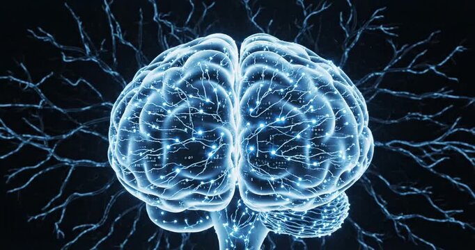 Abstract representation of a human brain with glowing neural connections and data streams