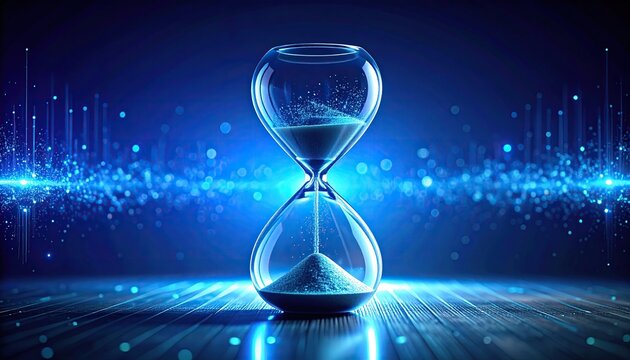 Glass hourglass with glowing blue sand on digital background with bokeh light particles and data lines. conceptual time management, hourglass, sand timer, time.