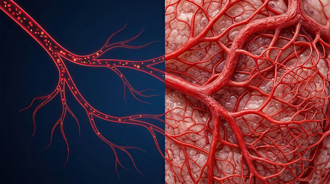 Artery network right red blood vessel capillary system human tissue circulatory system blood flow vascular structure medical illustration anatomy detail biological network