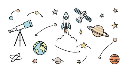 Cosmic Exploration: A captivating illustration featuring essential elements of space, including a telescope, a rocket soaring into the cosmos, a satellite, planets and stars © ABUBAKAR