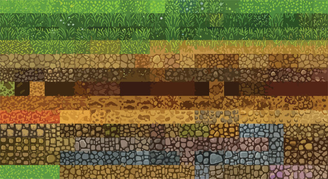 Pixel art game textures, seamless 8-bit landscape blocks, retro video game ground layers with grass, dirt, stone and sand, 2D platformer environment tiles