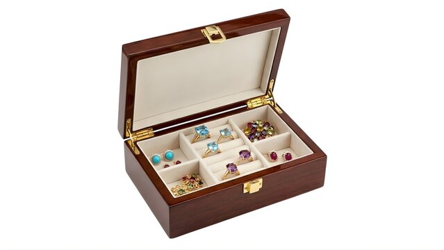 A dark brown wooden jewelry box with gold accents and multiple compartments on transparent background