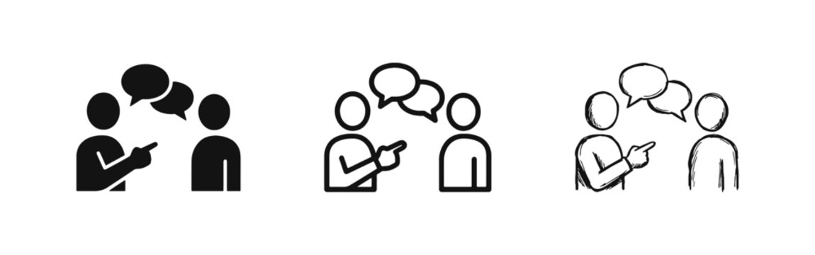 Two People Discussing and Pointing with Speech Bubbles Icon Set