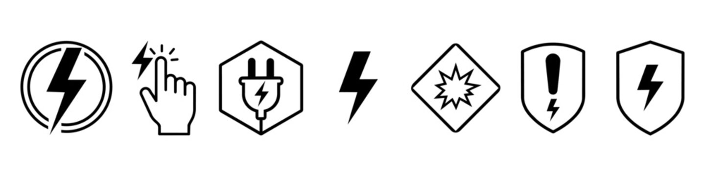 Set of line and solid icons for electricity, danger, and safety warnings