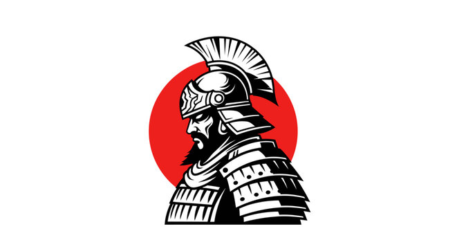 Ancient warrior helmet with crest and armor stands out against red circle