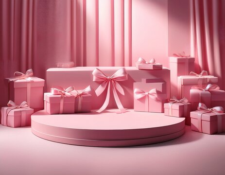 pink scene with round stage gifts and bow softly lit with shadows creating a sweet dreamy vibe