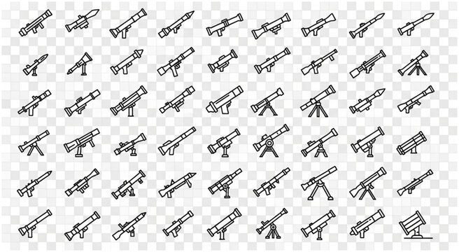 Collection of various rocket launchers in a detailed line art style.