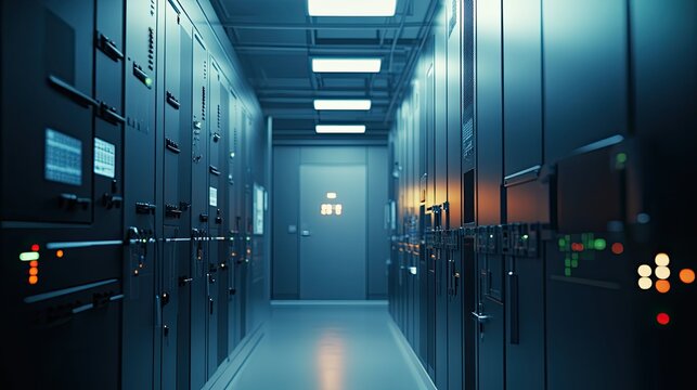 Server racks creating futuristic data center aisle