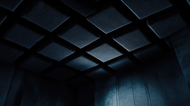 Abstract modern ceiling panels creating futuristic dark blue grid