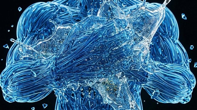 Kinetic hydration and athletic performance concept featuring 3d anatomical torso made of splashing liquid fibers for isotonic beverage advertising