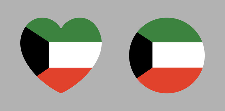 Kuwait flag icon, sticker set. Kuwait circle, heart flag button, badge. Heart, round flag of Kuwait banner, background.