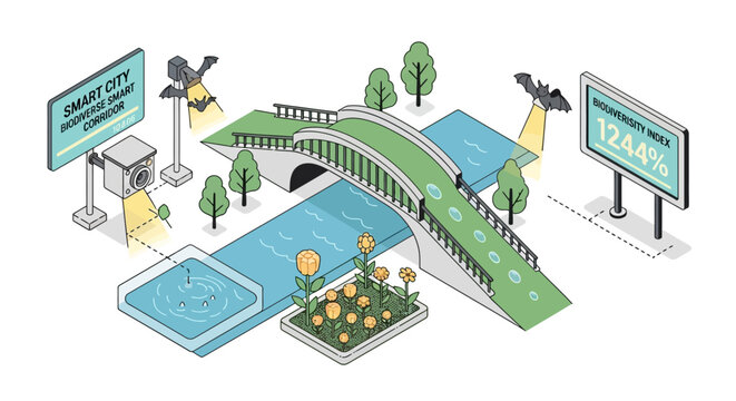 Smart City Isometric Concept of a Biodiverse Wildlife Corridor and Monitoring Technology