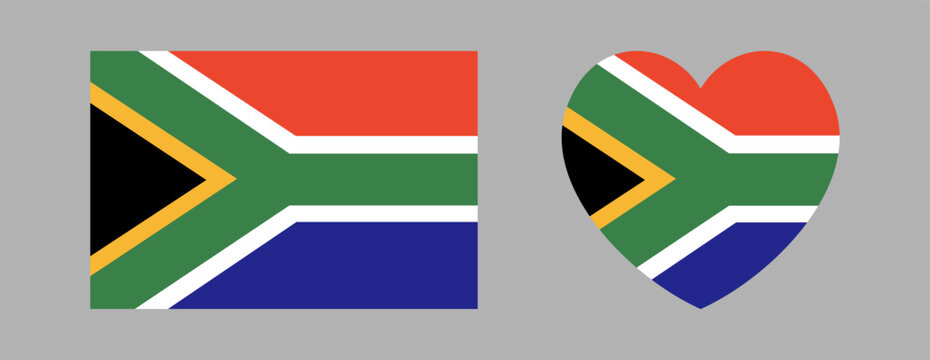 South Africa heart, rectangular flag button, sticker set. Rectangle, heart flag symbol, icon, badge. Flag of South Africa banner, background. National flag sign in heart, square shape.