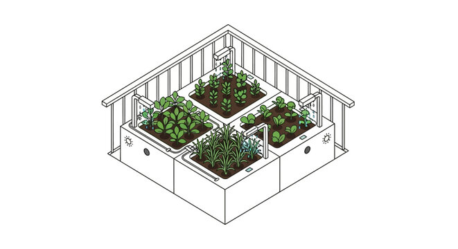 Isometric smart garden on a balcony with automated irrigation system and modular plant boxes for urban agriculture