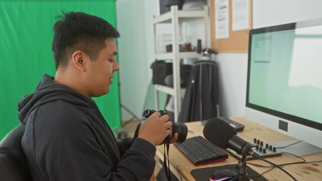 Man adjusting camera at studio desk with green screen, computer and microphone; concentration craft creativity.
