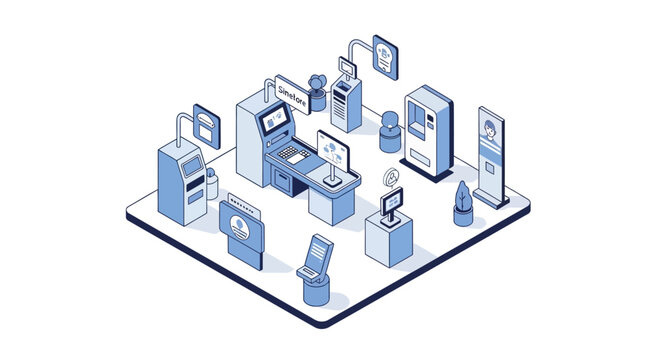 Isometric Smart Retail Concept with Self-Service Kiosks and Automated Payment Systems
