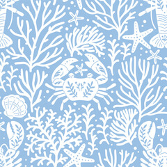 Seamless vector pattern with crab, lobster, sea horse, seashell, sea star and coral reef. Hand drawn underwater sea life illustration. Perfect for textile, wallpaper or print design. © MirabellePrint