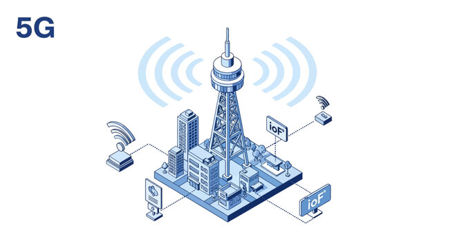 5G Smart City Isometric Vector Illustration with Telecommunication Tower and IoT Connectivity
