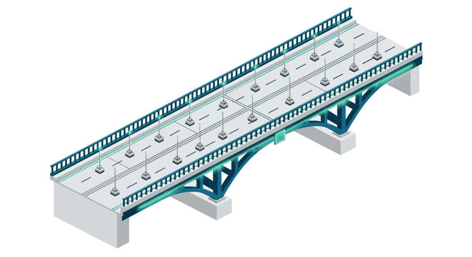Isometric 3D Illustration of Modern Bridge Infrastructure, Smart City Highway Overpass with Futuristic Neon Lights for Urban Transportation and Connectivity Concepts.