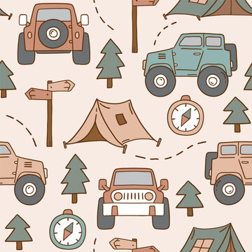 Seamless vector pattern with hand drawn cars, tents and pine trees. Hand drawn woodland adventure illustration. Perfect for textile, wallpaper or nursery print design.