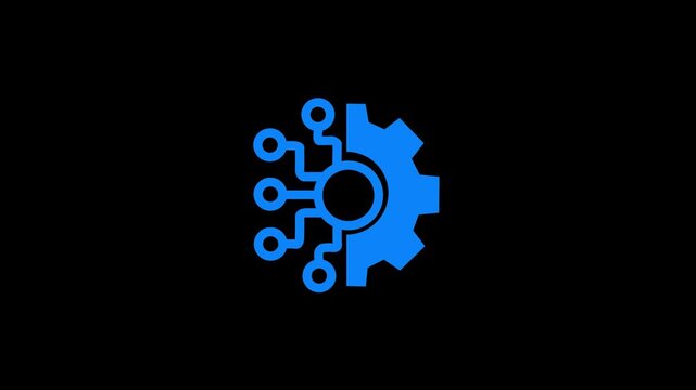 Ai technology icon animation. Animated line half cogwheel with digital data streaming. Loop 4k video...