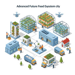 Obraz premium Illustration of an advanced future food ecosystem city, showcasing vertical farms, greenhouses, automated systems, and transportation for sustainable urban agriculture.