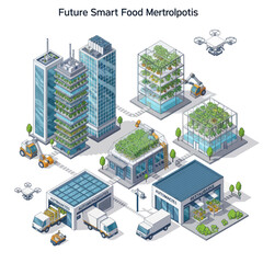 Obraz premium An isometric illustration depicting a futuristic smart food metropolis with vertical farms, automated delivery systems, and drones, showcasing sustainable urban agriculture and advanced technology.