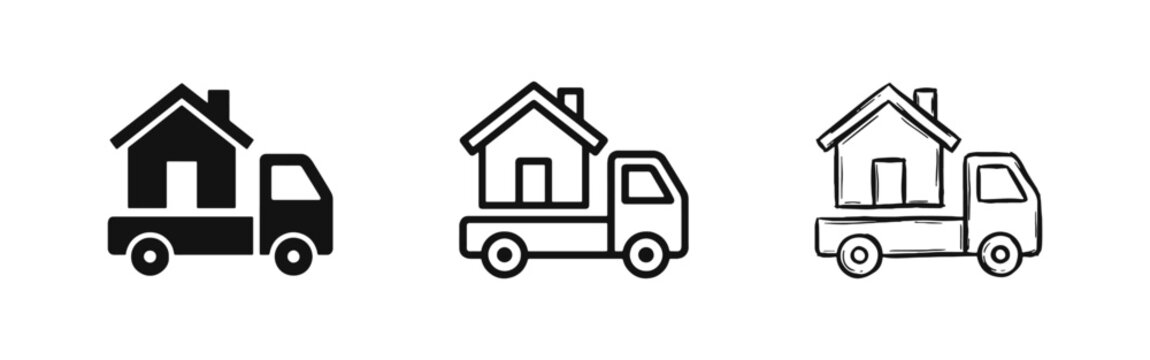 Moving house service icon set with truck carrying a home in three styles